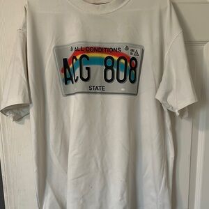 White Graphic T-Shirt with License Plate Design